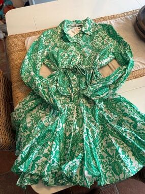 Zara Green and White Printed Button-Front Dress